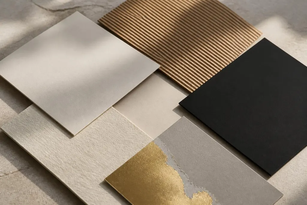 Materialprover i ivorykartong, kraftwell, soft touch och folie lagda i ett rutmönster