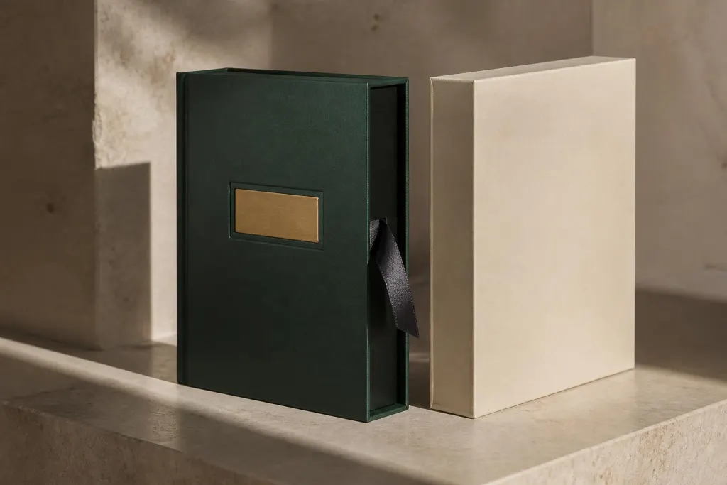 Limited-edition-box i mörkgrönt med folierad detalj och numrerat kort