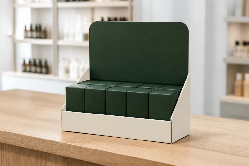 Displaybox i wellpapp med uppfällt frontparti och produktfack på butiksdisk