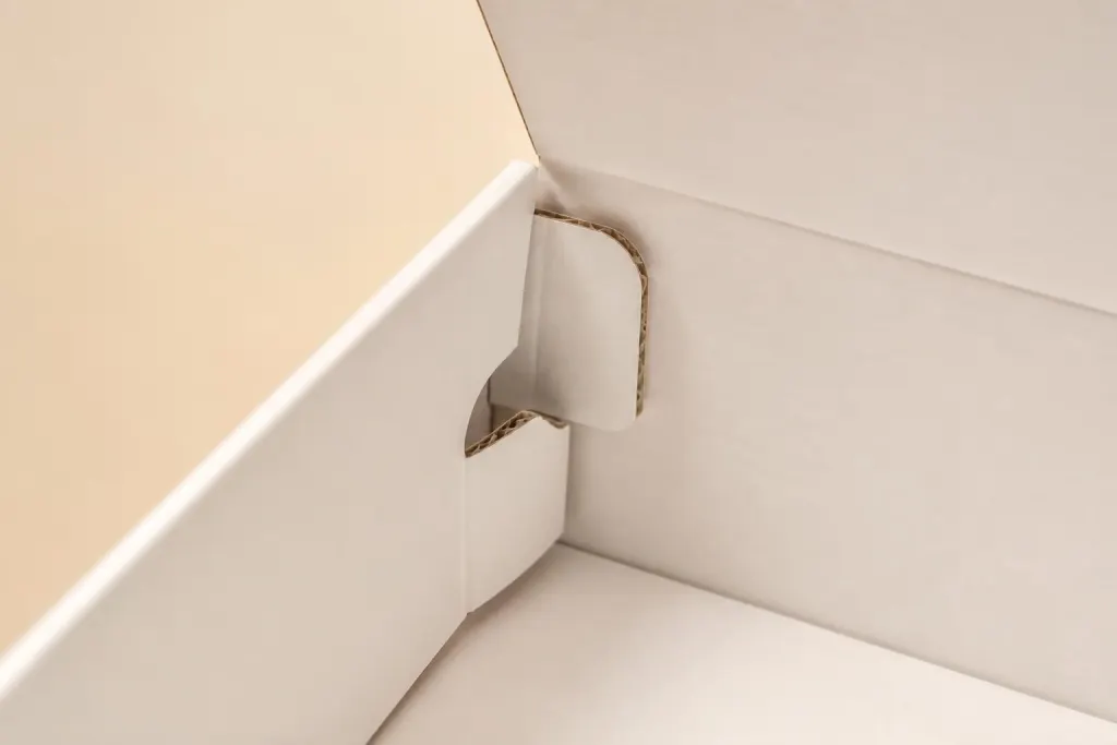 Detalje af mailer boxens lukkesnip og foldede sideflapper