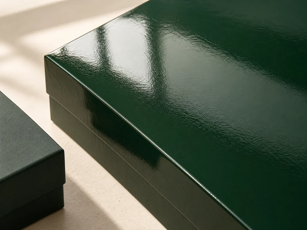 Närbild av en skogsgrön box med heltäckande blank laminering och tydliga ljusreflektioner