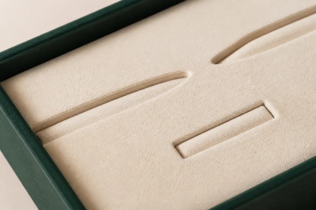 Detail of the jewellery insert with a cut slot and fabric-covered surface