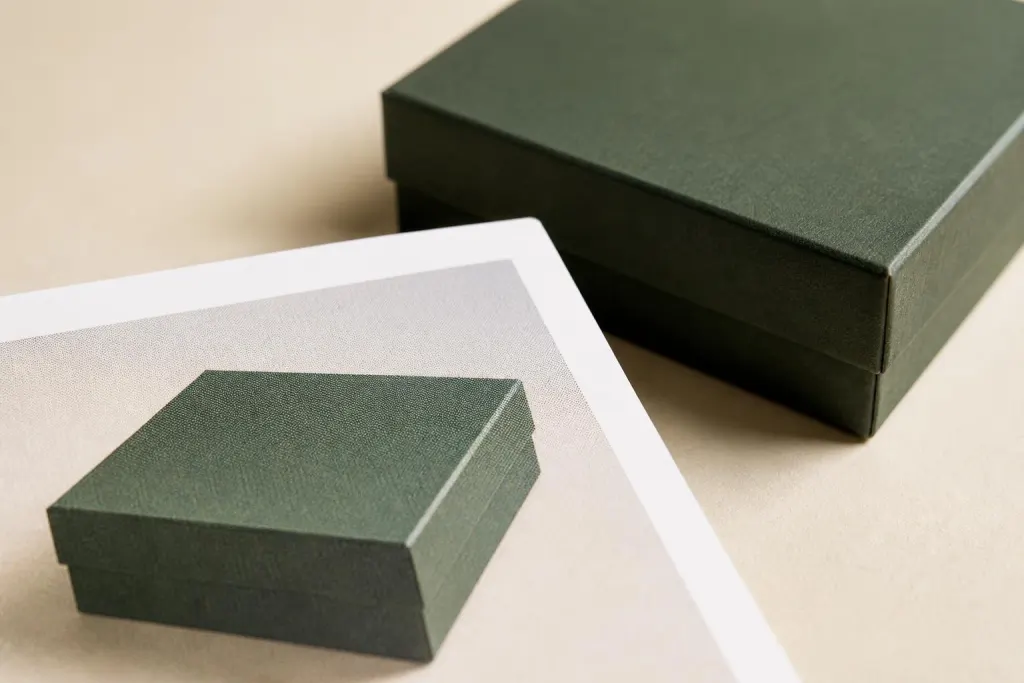 Detailaufnahme vom Vergleich einer gedruckten Visualisierung mit dem realen Box-Muster