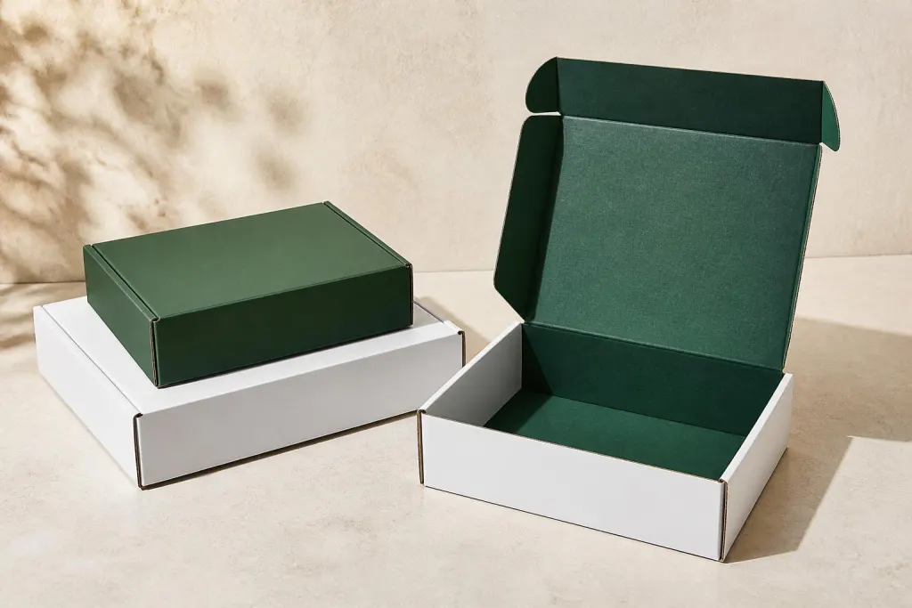 Mailer box i bølgepap med åbent låg og trykt inderside