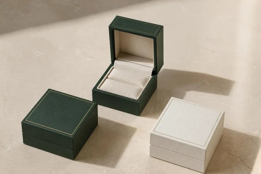 Jewellery box in deep green with a lid and soft insert for a ring and chain